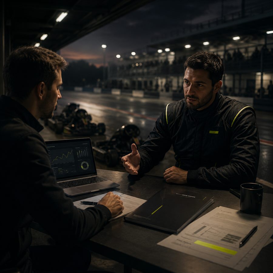 Reunião de trabalho entre um piloto da Long Shift Racing e um parceiro, na box