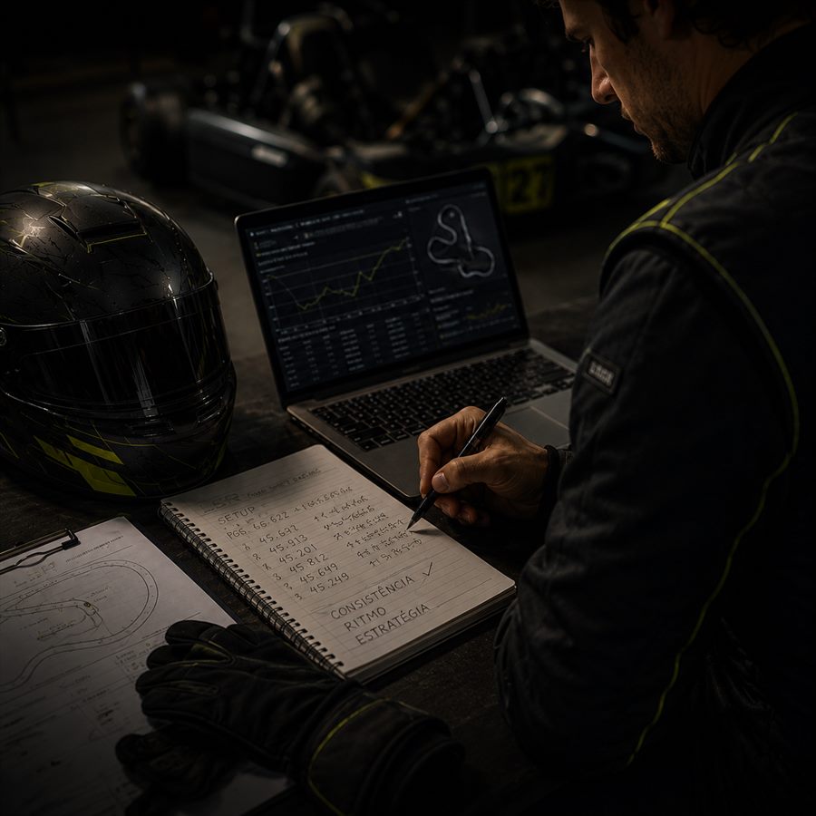 Piloto da Long Shift Racing a analisar tempos por volta no computador e a tomar notas