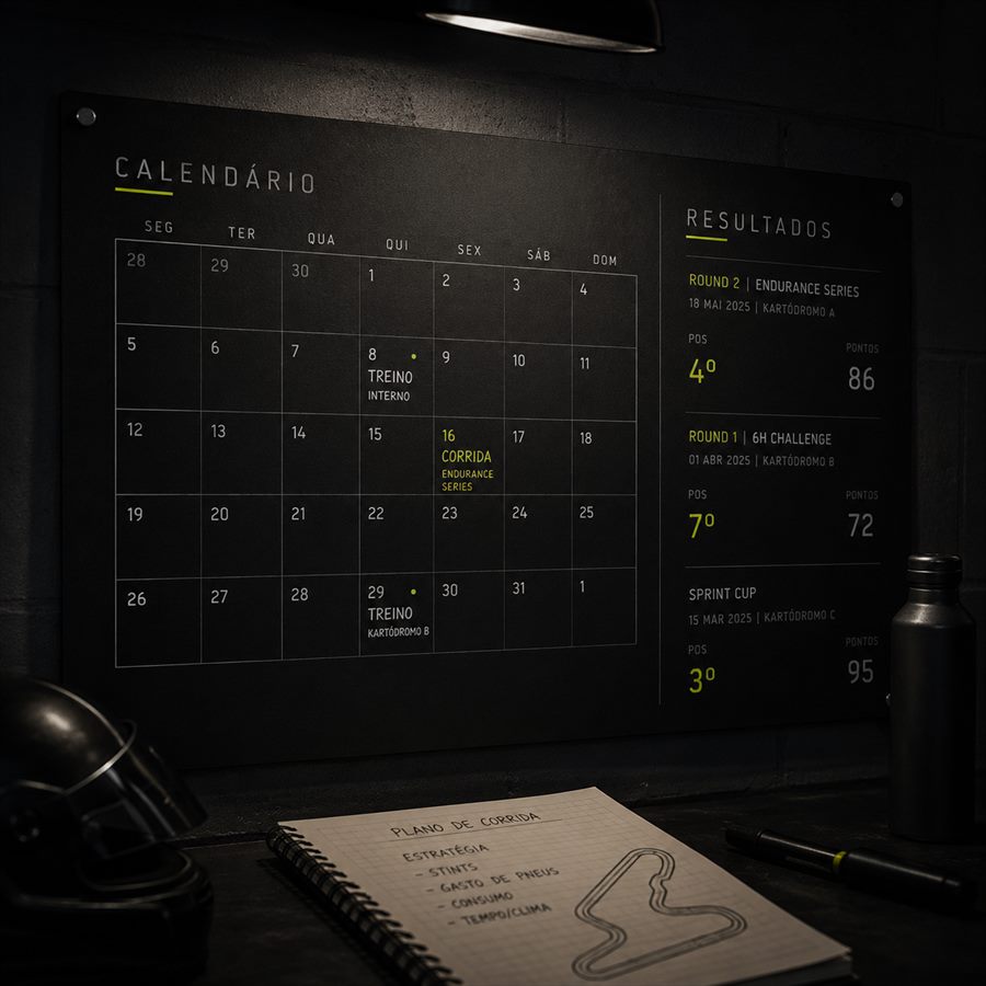 Quadro com o calendário de treinos e corridas e o plano de corrida da equipa